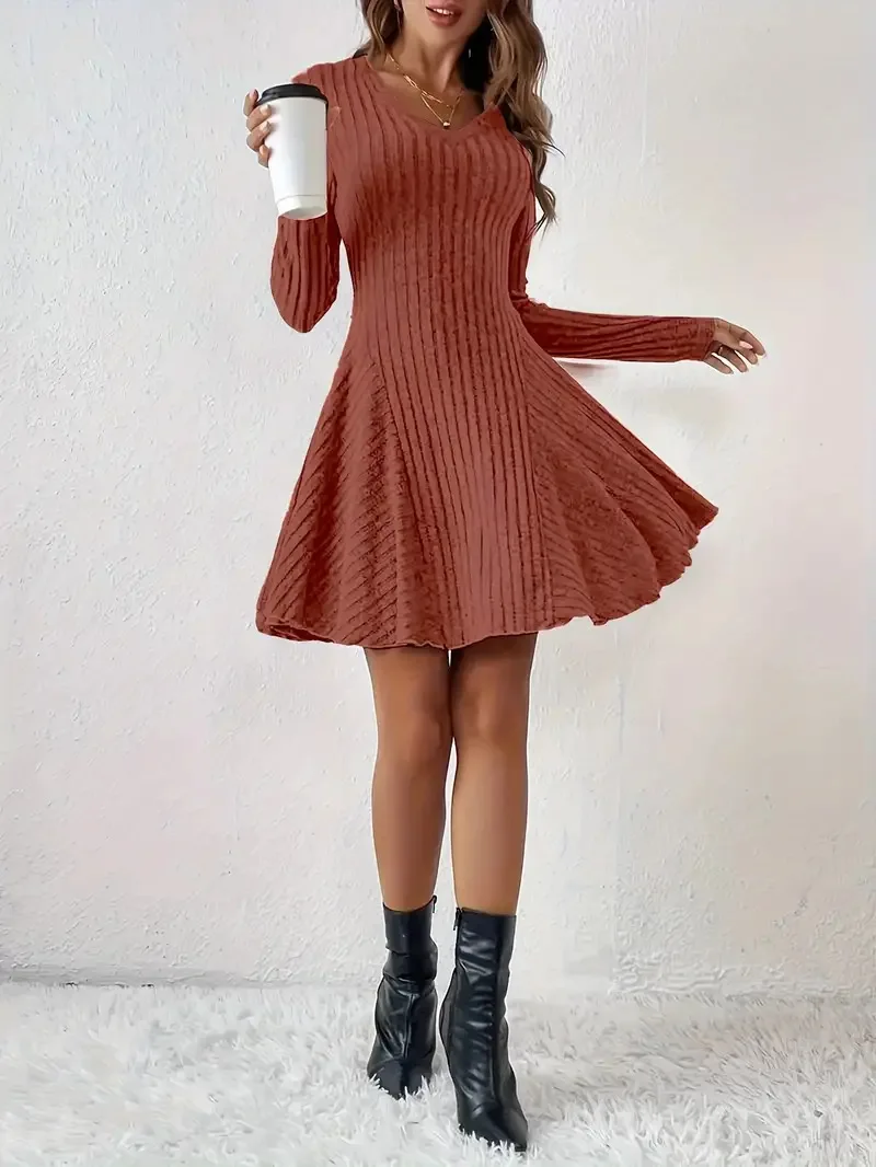 Elegante bodycon korte jurk V-hals gebreide jurk - Swing mini-jurk met lange mouwen