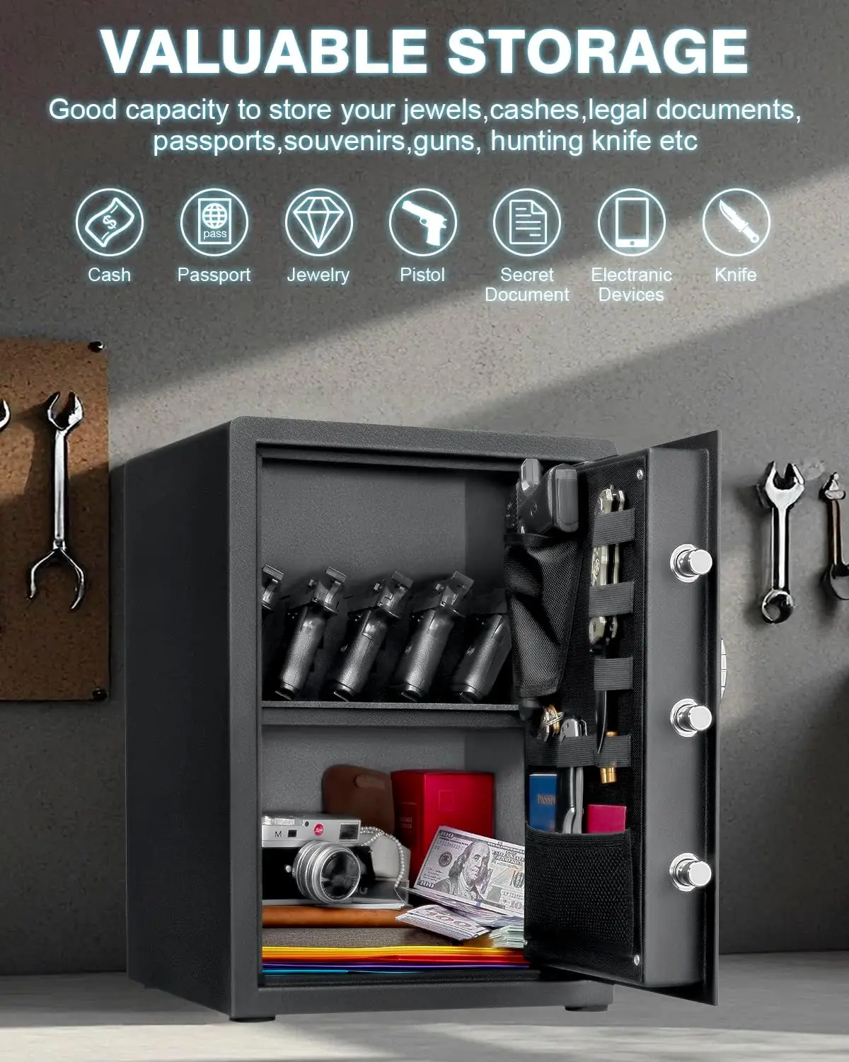 Grandi casseforti biometrici per armi, cassetta di sicurezza da 2,04 piedi cubi, per uso domestico, scuola e ufficio, design della racchetta posteriore innovativo per pis