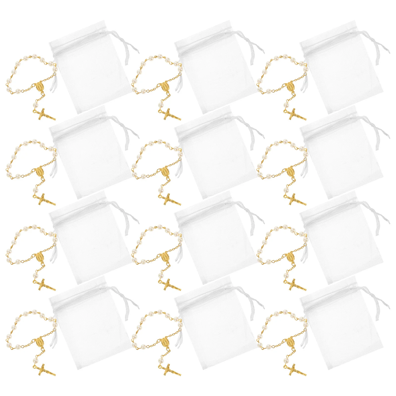 

12Sets Mini Rosary Bracelet Pearl Cross Design Catholic Religious Prayer Chaplet for Baptism First Communion Wedding Party