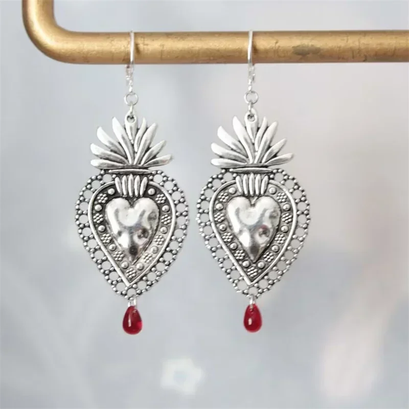 Silver color Sacred Heart,Red Blood Drop Votive Earrings, Mexican Sacred Heart Earrings,sacred Heart Earrings