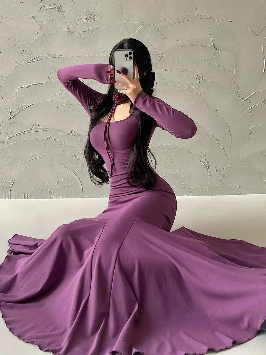 WOMENGAGA Red Hot Sexy Autumn Long Dress Pleated Waist Long Sleeves Fishtail Dress Dress Elegant Fashion 2023 New Tops PE9Y