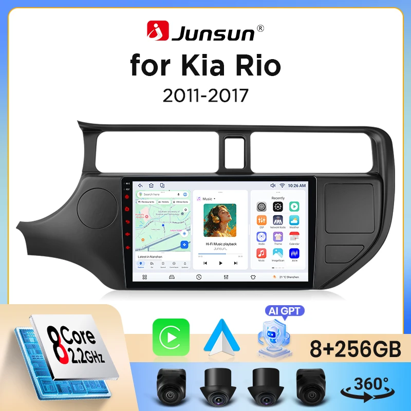 Junsun Wireless CarPlay Android Auto Autoradio für Kia Rio Mk3 (UB) 2011-2017 mit eingebautem Lüfter, Android GPS Navigation, Multimedia-Player, WiFi, DSP, RDS, BT, SWC, IPS Touchscreen, Autoradio,