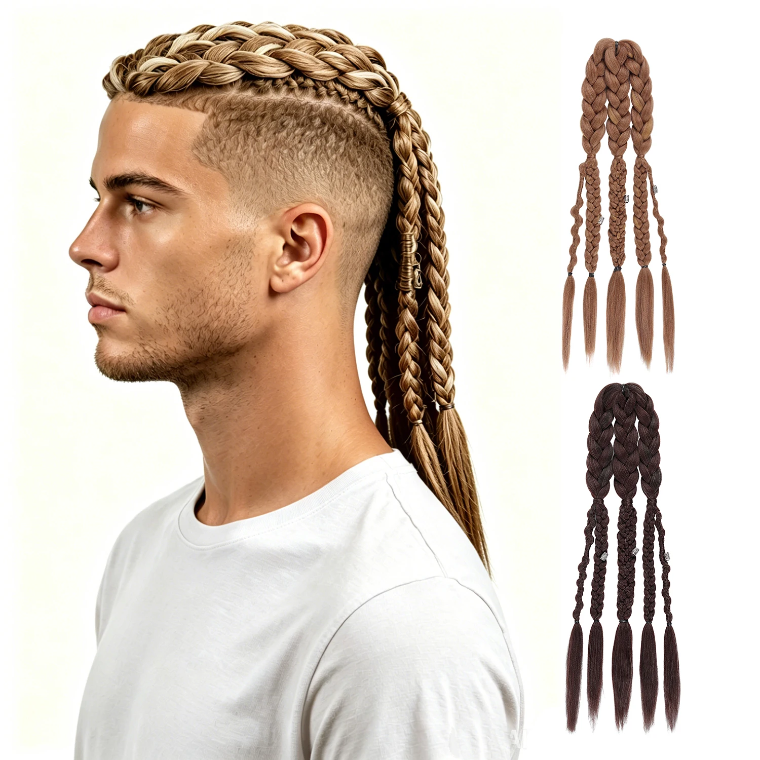 Men Viking Mohawk Cornrow Braided Ponytail Wig, Synthetic Thick 5 Braids with Metal Rings for Cosplay Biker Hip Hop Daily