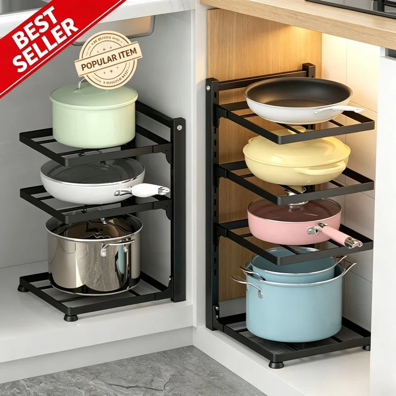 4‑Tier Adjustable Metal Kitchen Sink Storage Rack, Space‑Saving Cookware Organizer for Stovetop and Cabinets