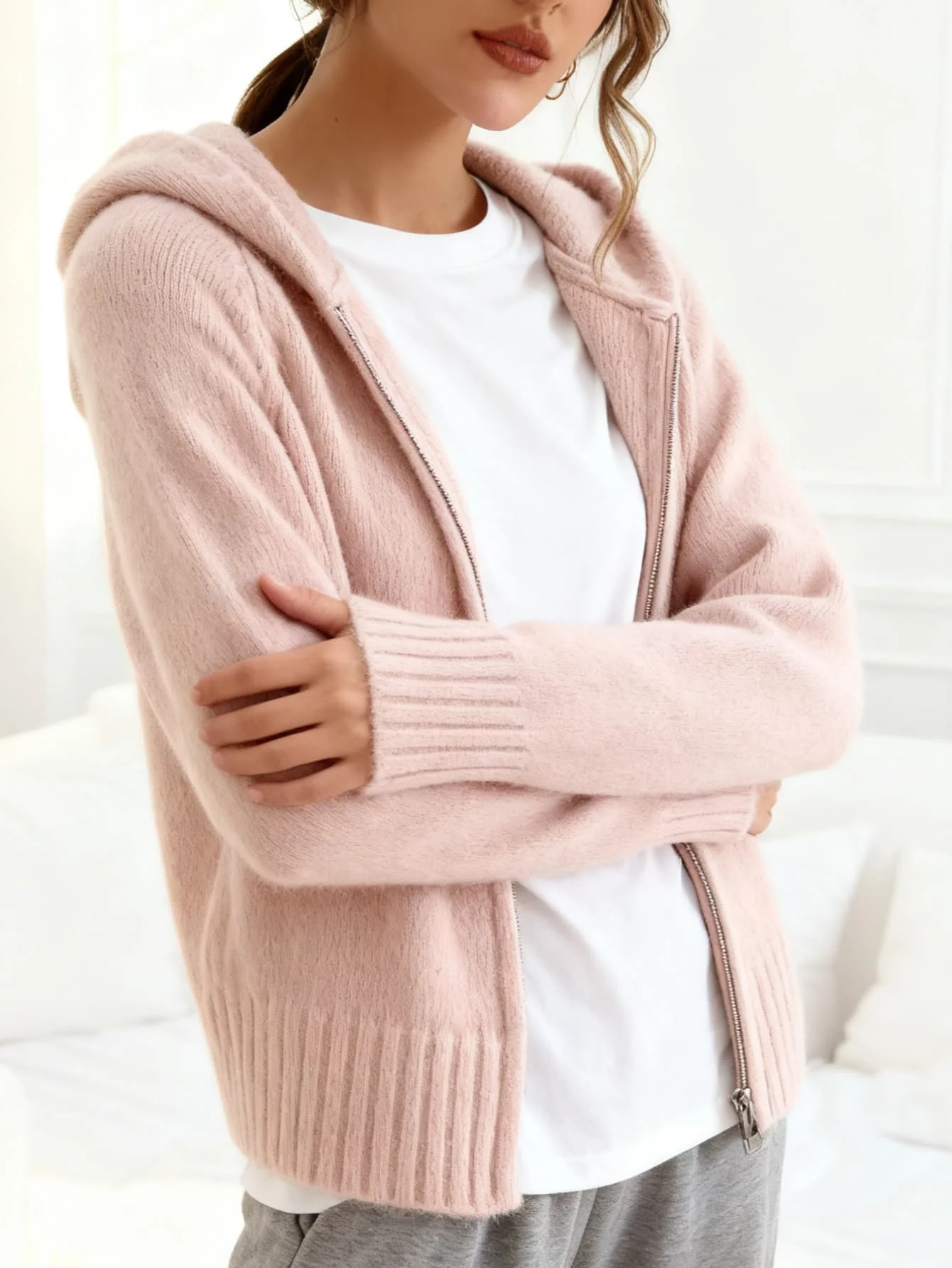 Herbst- und Wintermode, Doppelreißverschluss, Kapuze, Strickjacke, mehrfarbiger Pullover mit Taschen, langärmeliger Damenpullover