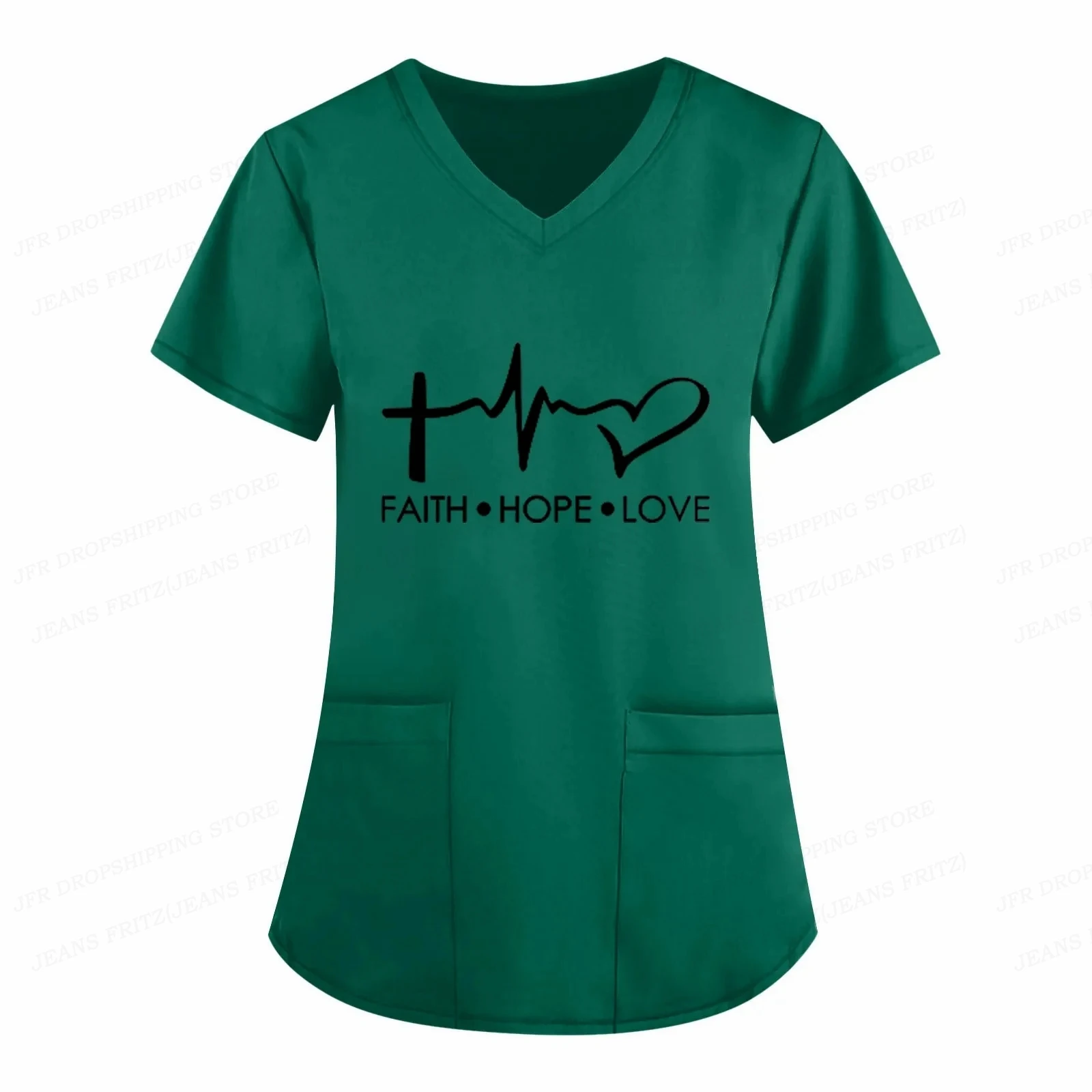 Letter Love Heart Nurse Uniform Print Tops V-Neck Pocket Medical Uniforms Nursing Scrubs Tops Working Clothes uniforme enfermera