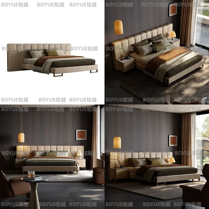 Italian Minimalist Wide Screen Bed Luxury Master Bedroom Furniture High End Large Headboard  for Villa Mansion Interior
