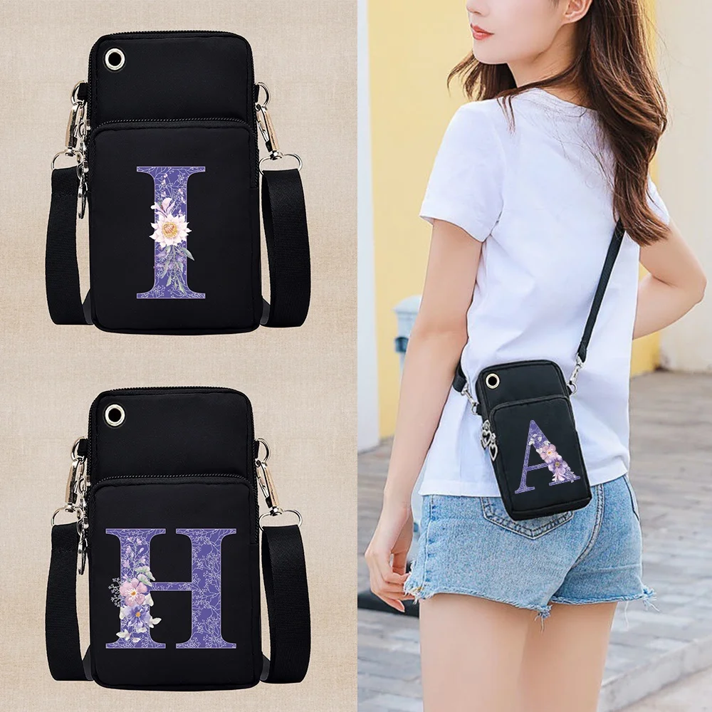 Phone Bags Fashion Women Wallet Casual Crossbody Bag Purple Flower Series Outdoor Handbag Shoulder Cell Phone Pack