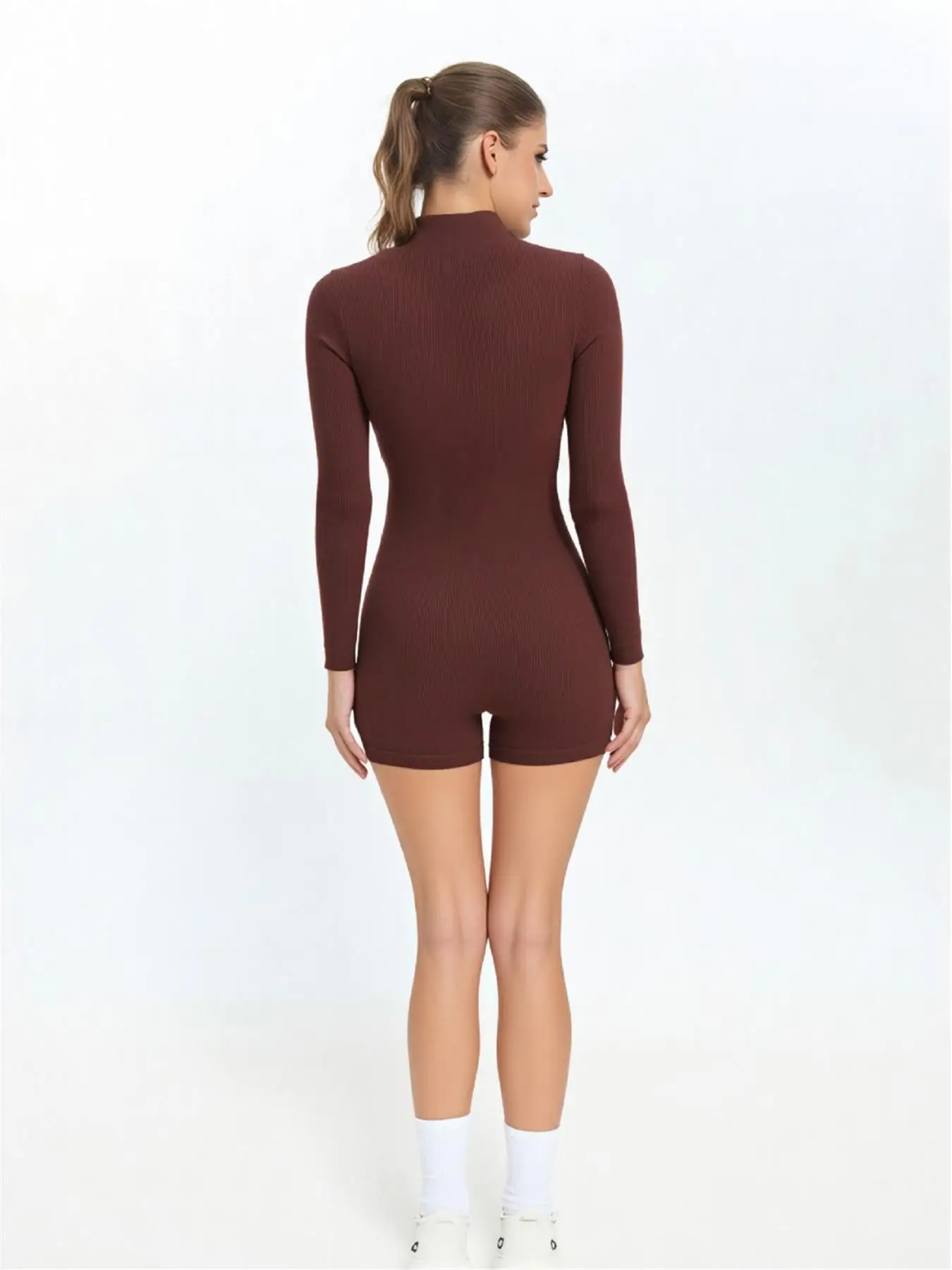 Seamless body-shaping solid color ribbed stand-up collar long-sleeved jumpsuit, women's running sports zipper yoga fitness suit