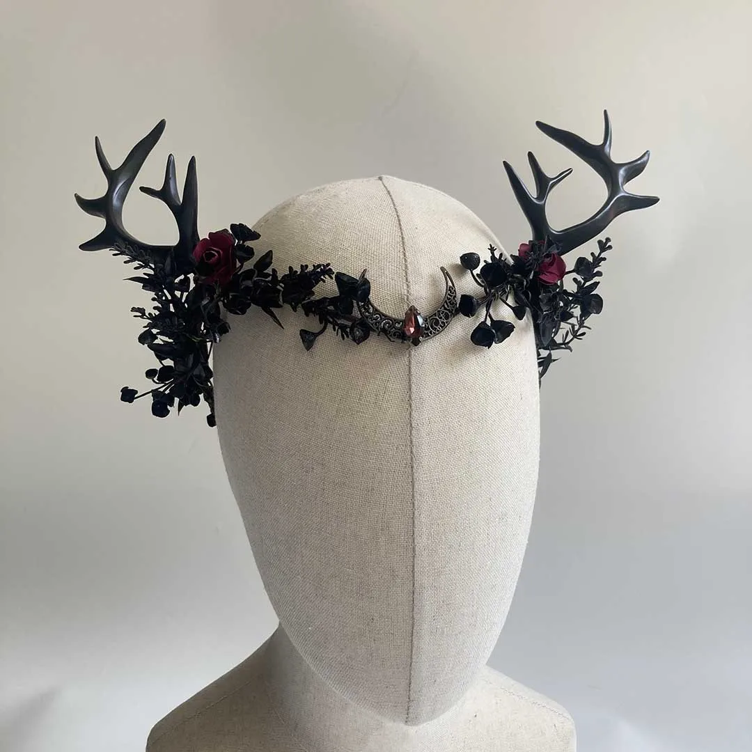 Handmade Black Antler Crown Gothic Woodland Headpiece Vintage Forest Vine Hair Crown Medieval Photography  Adjustable Ribbon