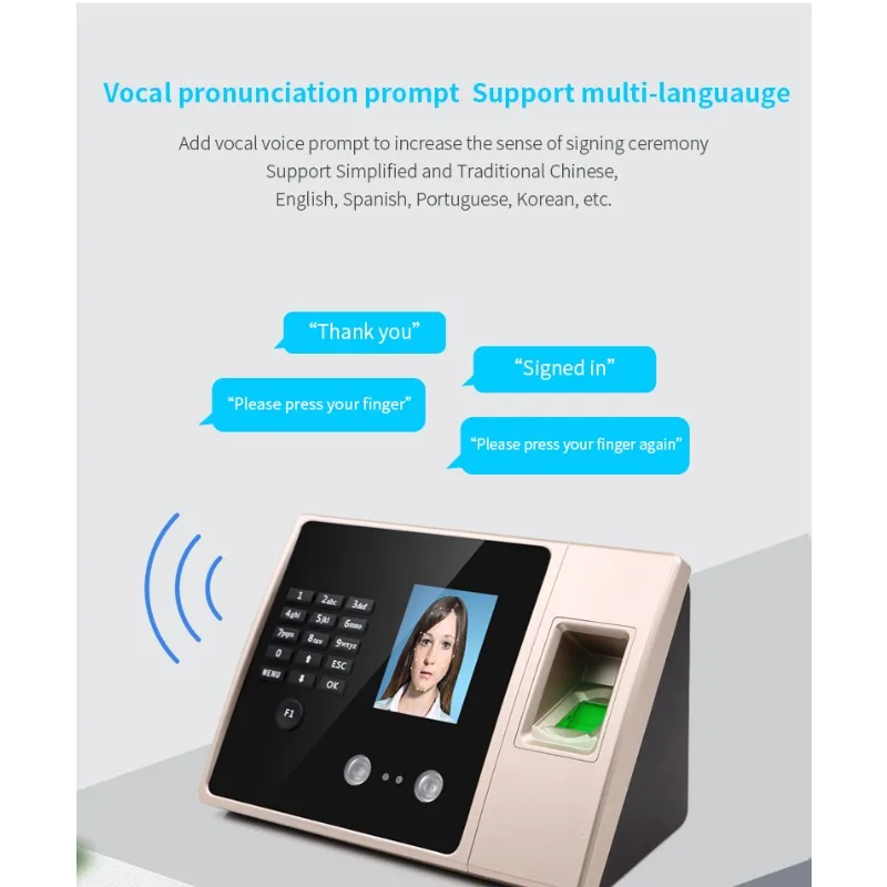 Perangkat pengenalan wajah biometrik Punch in Voice quick Touch gratis mesin Check-in bahasa Inggris, Spanis, Portugis, bahasa Mandarin