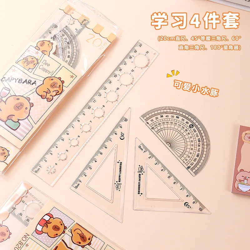 4pcs Capybara Ruler Sets Student Stationery Set Cute Ruler Triangle Protractor School Supplies Kid Gift Classroom Rewards