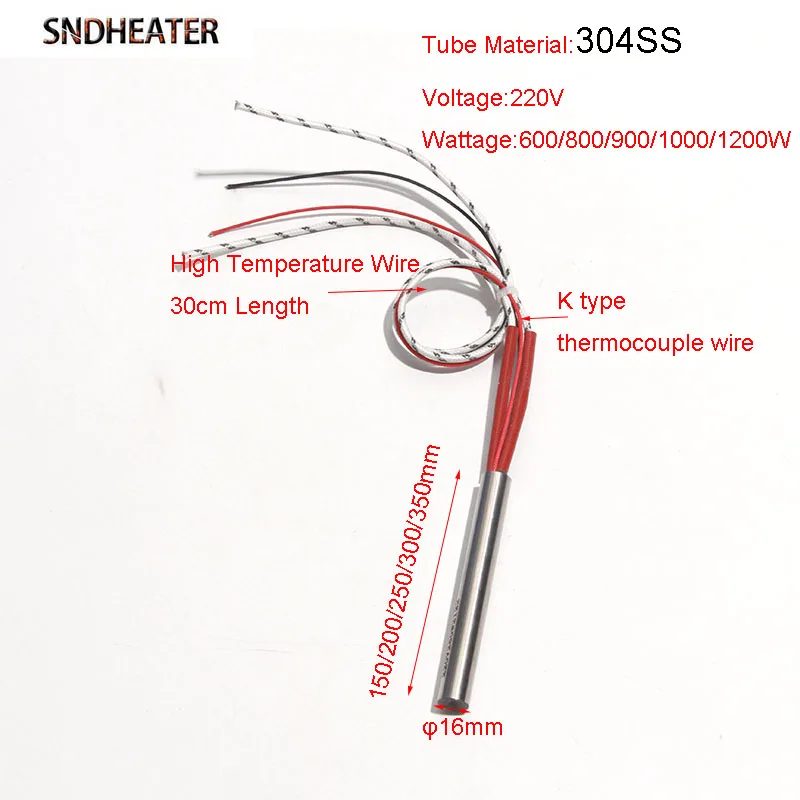 SNDHEATER Cartridge Heating Element 304SS 110V/220V Electric Burning Rod With K Thermocouple 16x150-350mm 5pcs/lot for Molding