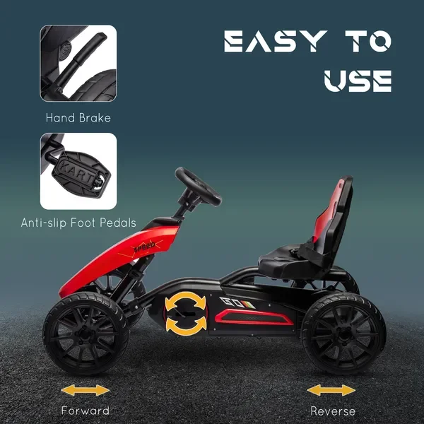 Rood pedaal-go-kart voor kinderen met duurzame zwenkaas en schokabsorberwielen