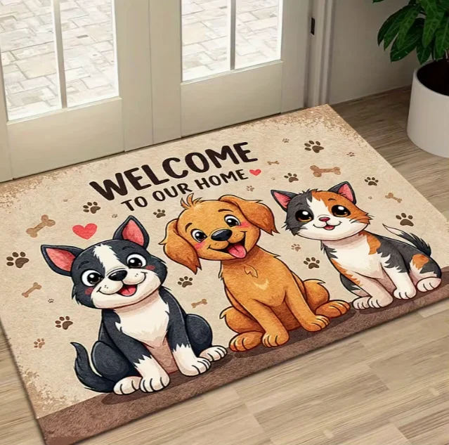 Cute Cartoon Dog and Cat Paw Printsentrance Mats for Summer Home Decoration Front Door Welcome Mat Seasonal Cheerful Decoration
