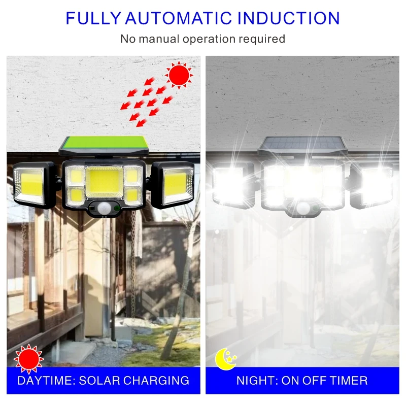 Outdoor LED Solar Lights 192 COB 3 Head Motion Sensor Patio Lights Waterproof 3 Modes with Remote Control Wall Lamp Garden Light