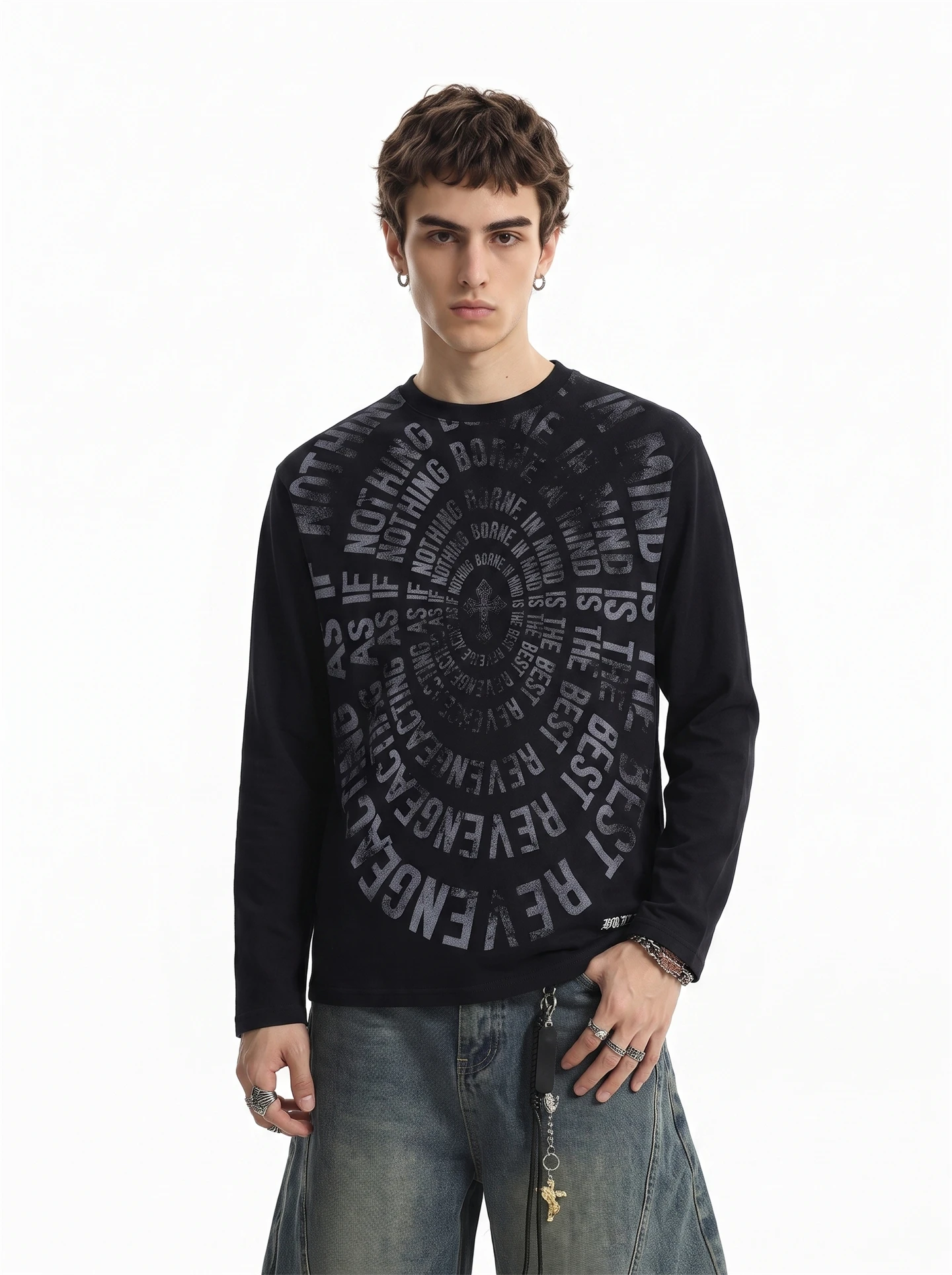 BETEBULE American Style Trendy Worn-in Letter Print Long Sleeve T-shirt Men's Loose Cool Top Youth Popular Casual Wear