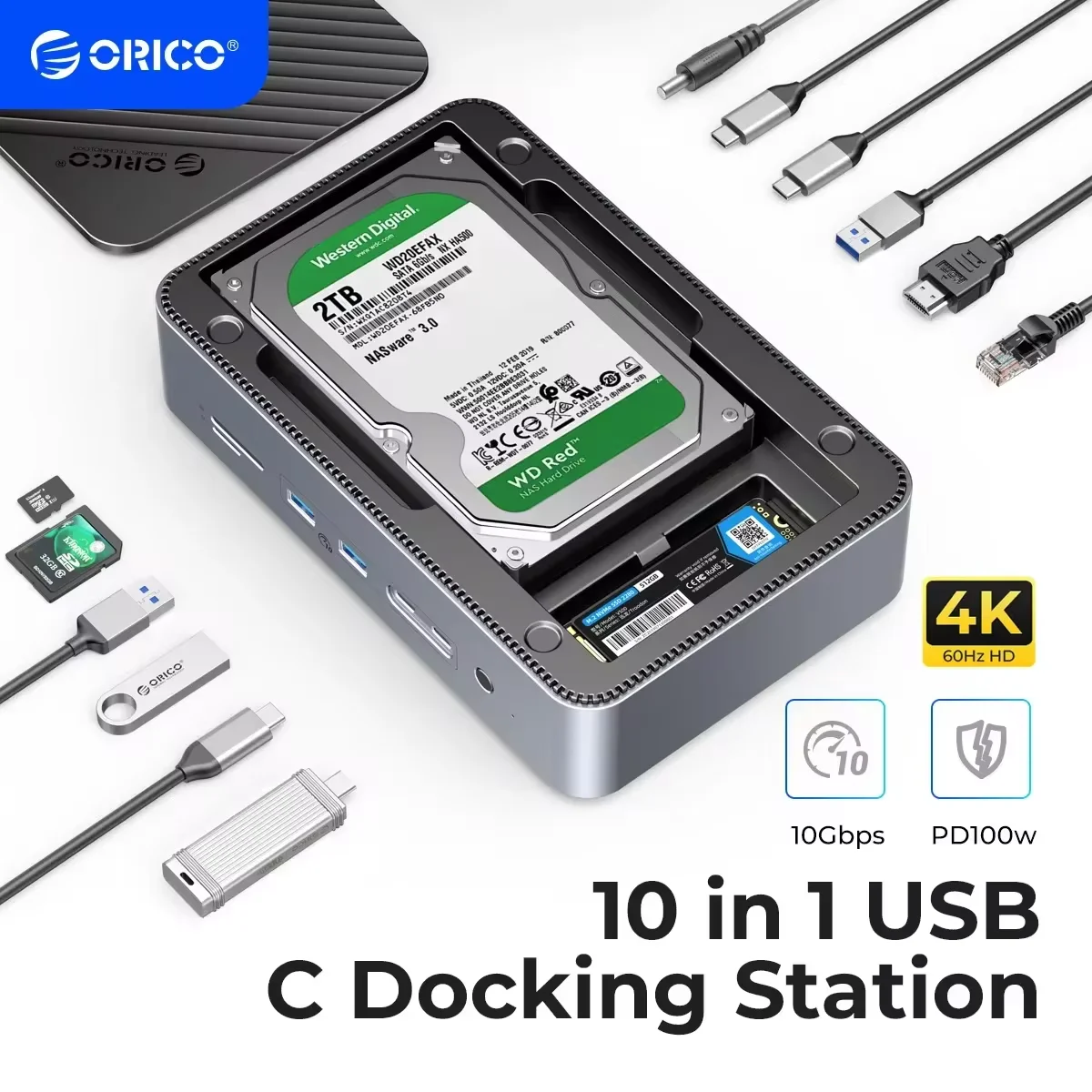 ORICO 10 in 1 SSD Enclosure พร้อม M.2 Nvme Sata กรณี 3.5 นิ้ว 18TB HDD กรณี RJ45 1000Mbps SD/TF3.0 PD100W ชาร์จ