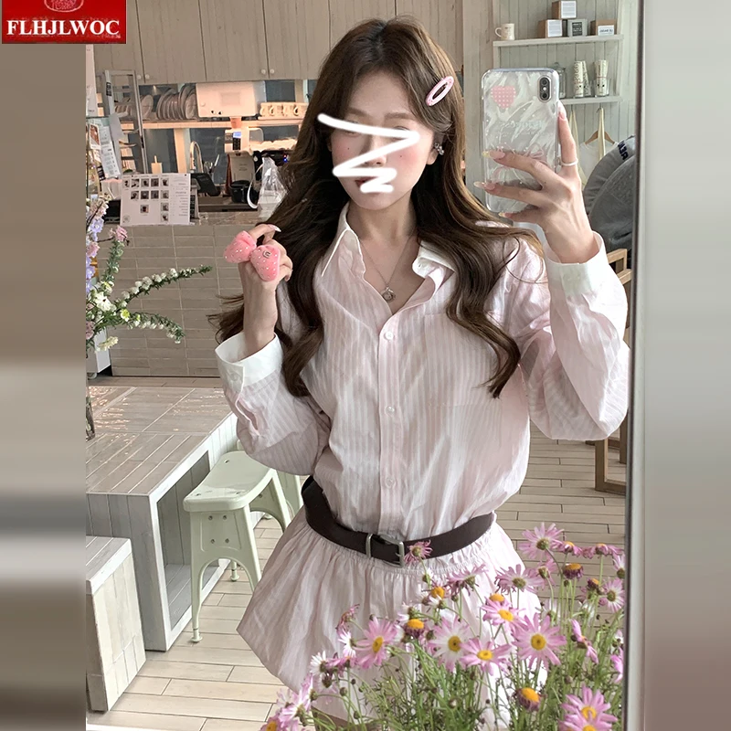 Vestido camisero bombachos a rayas nueva moda mujer 2025 otoño manga larga Chic Corea Japón estilo niñas Rosa lindo Puff Mini vestidos