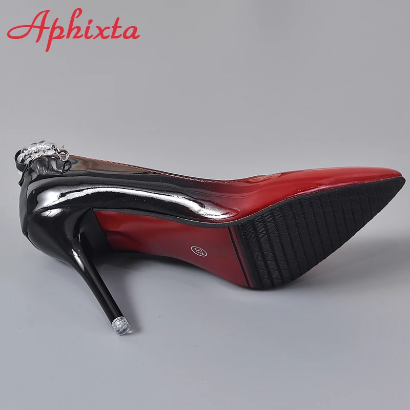 Aphixta-zapatos de tacón de aguja para mujer, calzado con cadena de cuentas transparentes degradadas, charol, correa en el tobillo, supergrande,