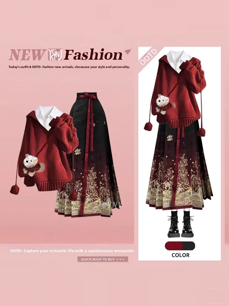 

Cisas Winter Aosphere Hat Red Knitted Top Women's Chinese Sle Midi Skirt Tee Piece Set Ele Festive Ensemble