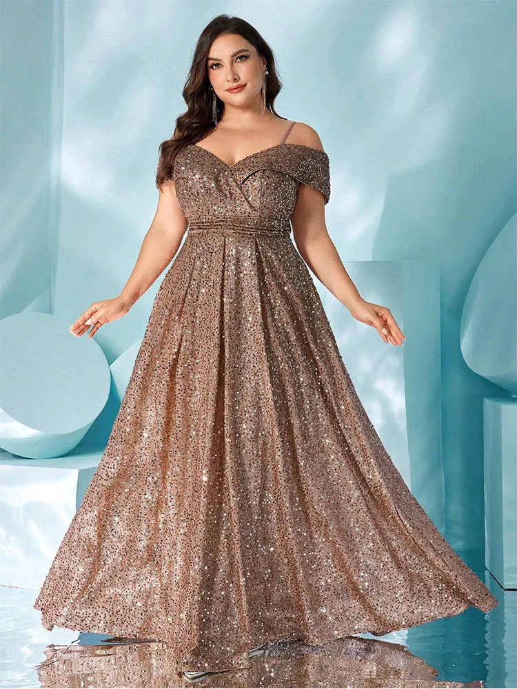 Plus Size Off Shoulder Multicolor Shiny Floor-length Wedding Evening Dress 2024 Big Size Luxury Shiny Dress