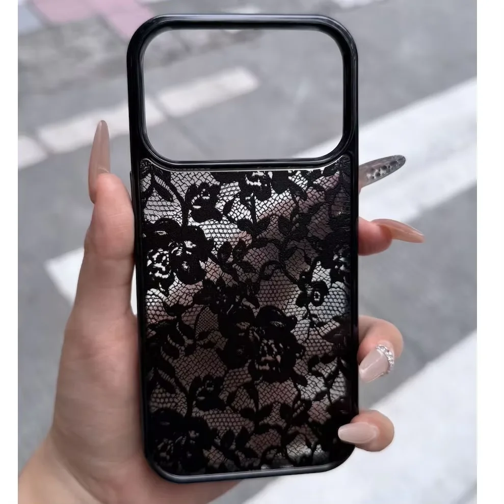 Korean Ins Black Lace Flower Y2K Phone Case For iPhone DUO 18 17 16 15 14 13 12 11 Pro MAX XR XS Plus 17air Transparent Cover
