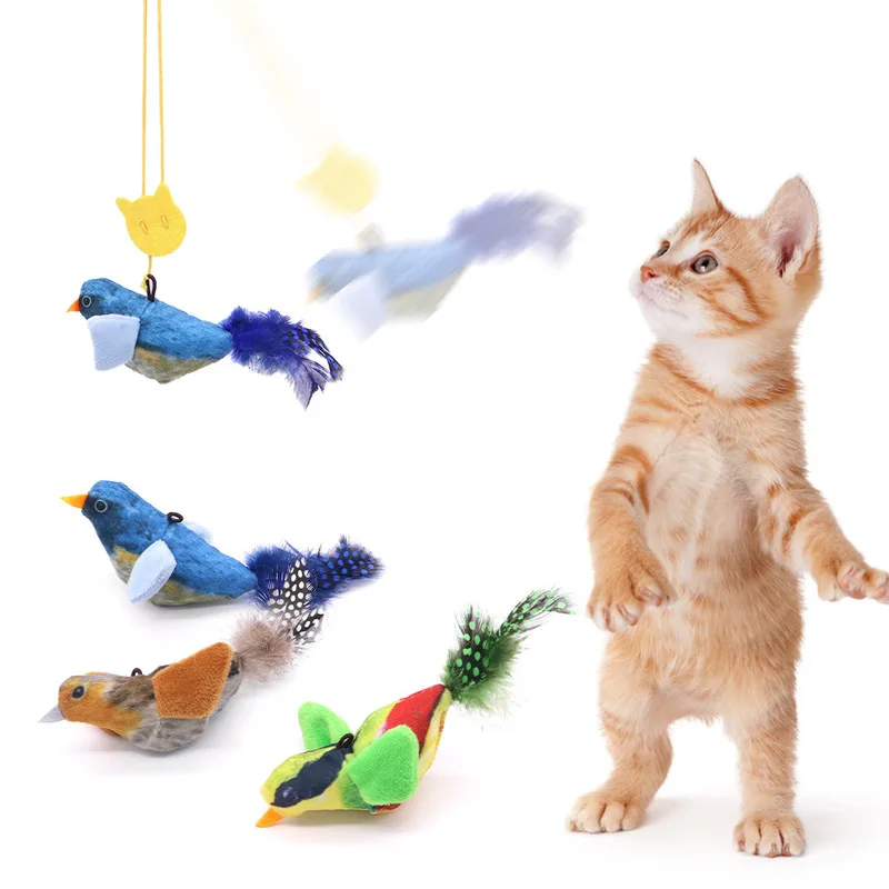 Simulated Bird Sound Cat Toy for Self-Entertainment, Hanging Sound-Making Shaking Bird Feather Teaser Wand Bird Toy
