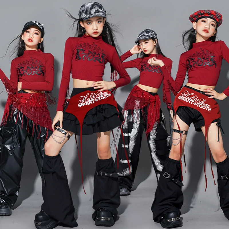 

Jazz Dance Clothing Girls Kpop Stage Outfit Red Crop Top Black Shorts Children Performance Suit Hip Hop Street Dance Outfit 2516