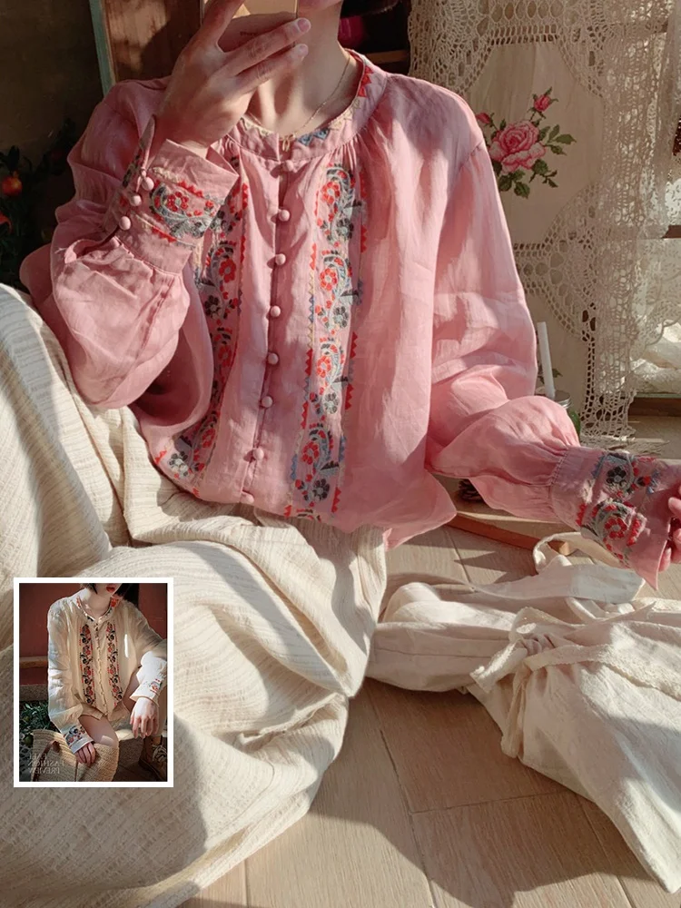 

Ele Embroidered Cotton Linen irt Loose Fit Casual Lightweight Long Sve Button round Ne Spring Open Cardigan for Women