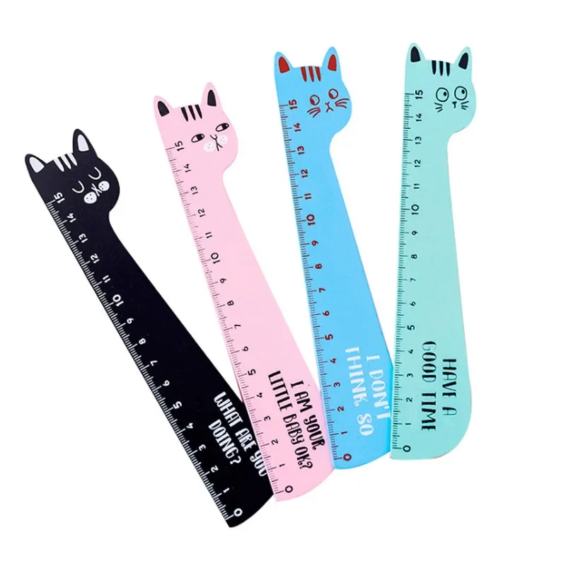 4Pcs Cat Ruler Office School Supplies Wooden Rulers Kids Study Funny stationery DIY cute ruler green blue pink black 15cm