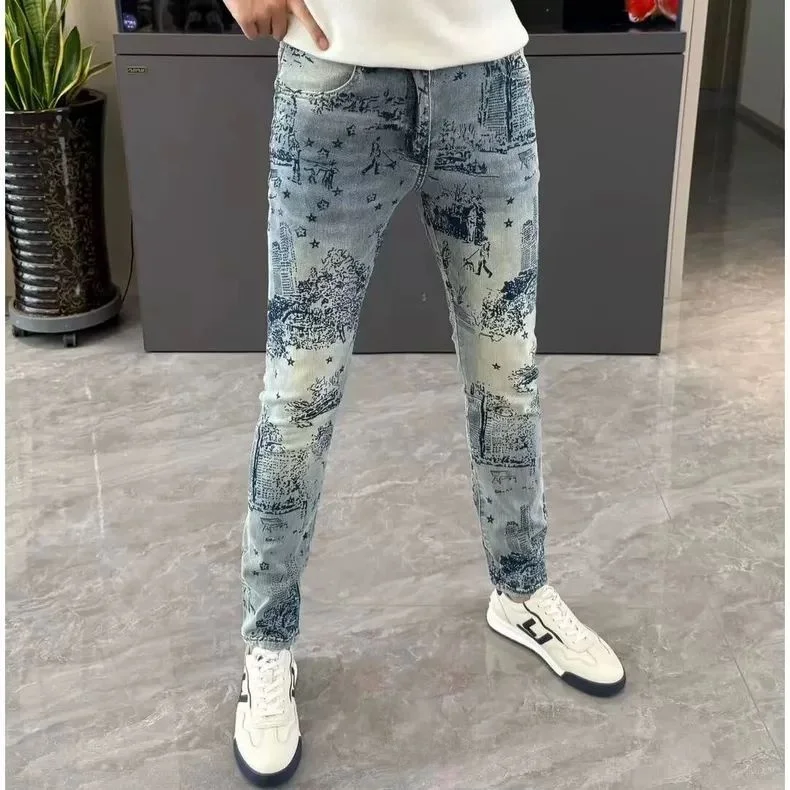 

Оригинальные плиссированные эластичные мужские мотоциклетные джинсы со снежинками на талии, молодежные модные повседневные хлопковые джинсы