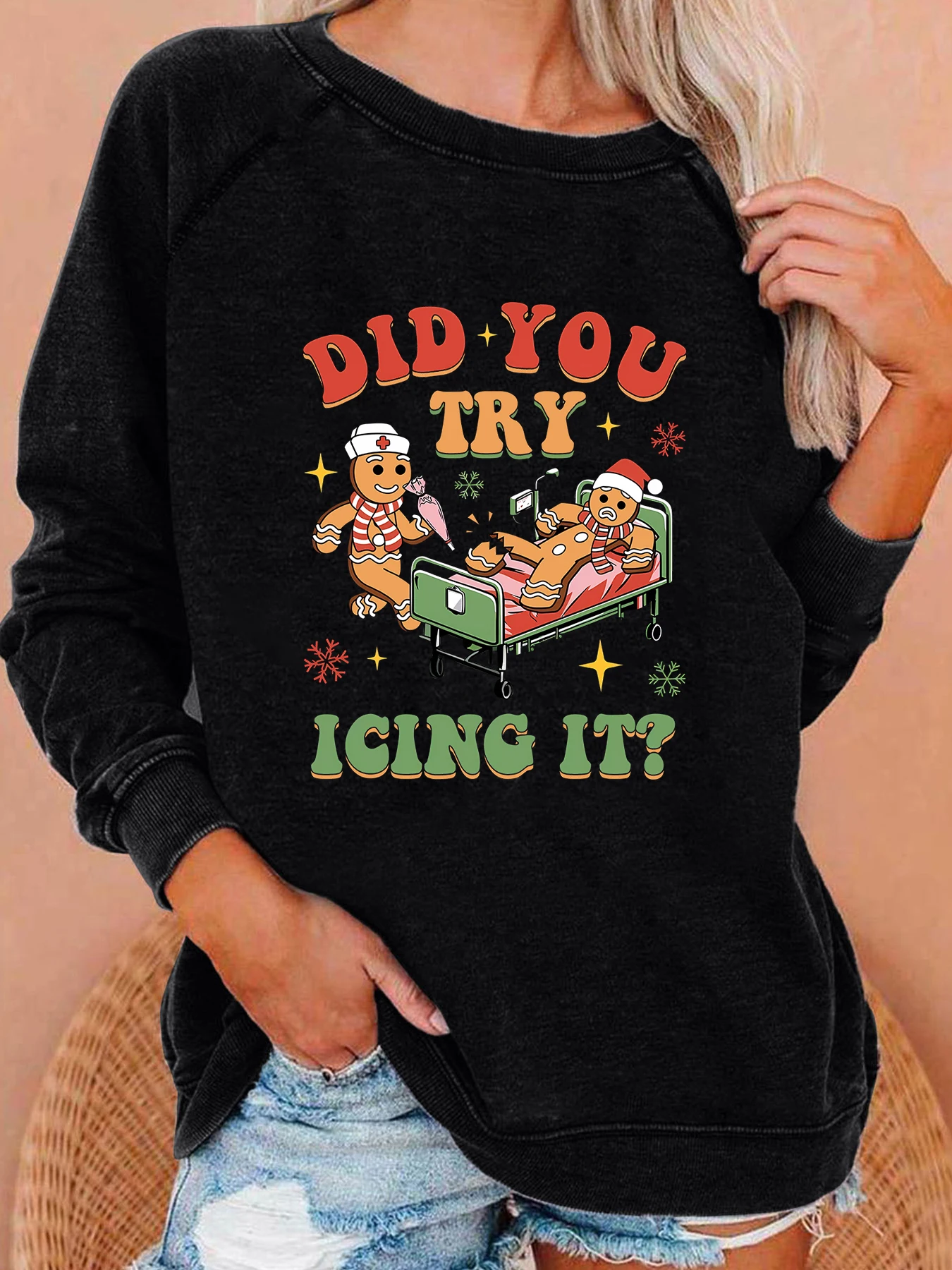 DID YOU TRY ICING IT Letter Print Funny Women Sweatshirt Long Sleeve Casual Crew Neck Top Women Clothes for Fall & Winter