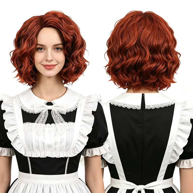 Copper Red Short Curly Wig For Women Natural Fluffy Shoulder Length Wavy Bob Heat Resistant Synthetic Hair Daily Cosplay Party