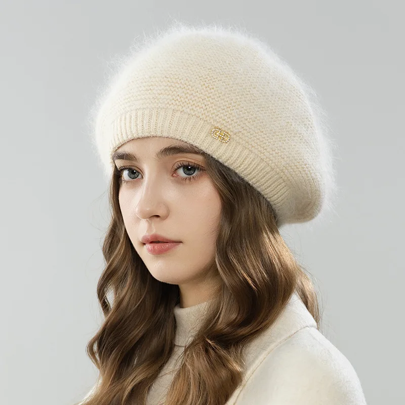 

Beret Women Winter Angora Knit Hat Double Layers Casual Warm Accessory For Autumn Outdoors Sports Cold Weather