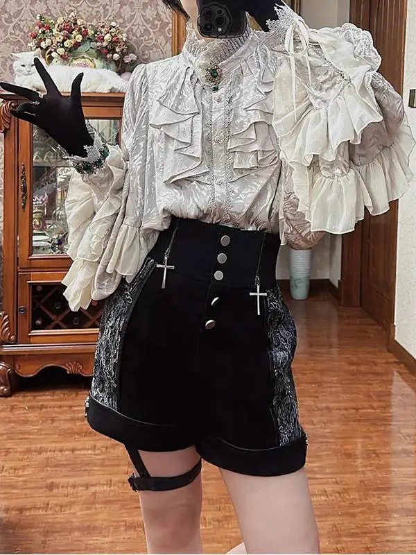 Gothic Lolita Shirt Women Autumn Winter Fashion Elegant Loose Batwling Sleeves Lace-up Heavy Industry Blouses Vintage Top Mujer