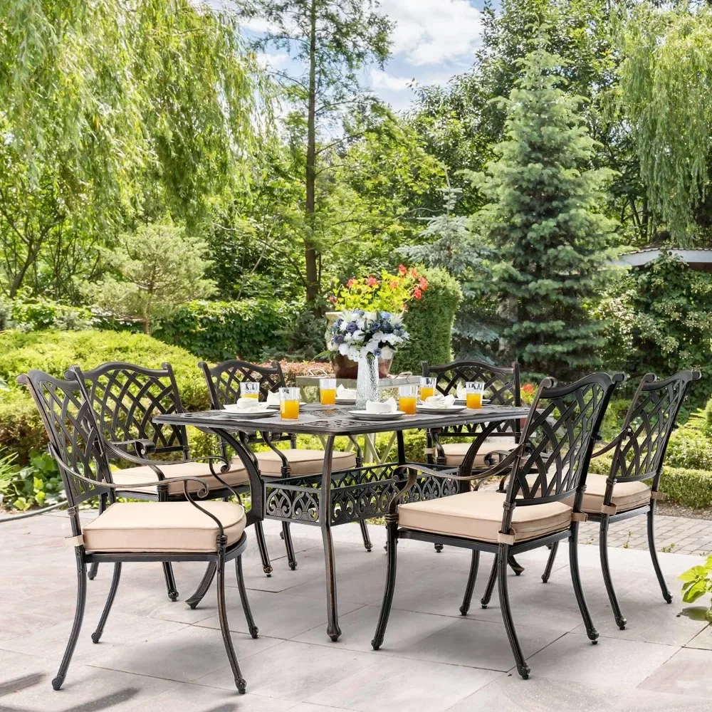 7 Piece Outdoor Dining Set Cast Aluminum Terrace Dining Set for 6 People, 59 Inch Rectangular Table, 6 Chairs, Cushions