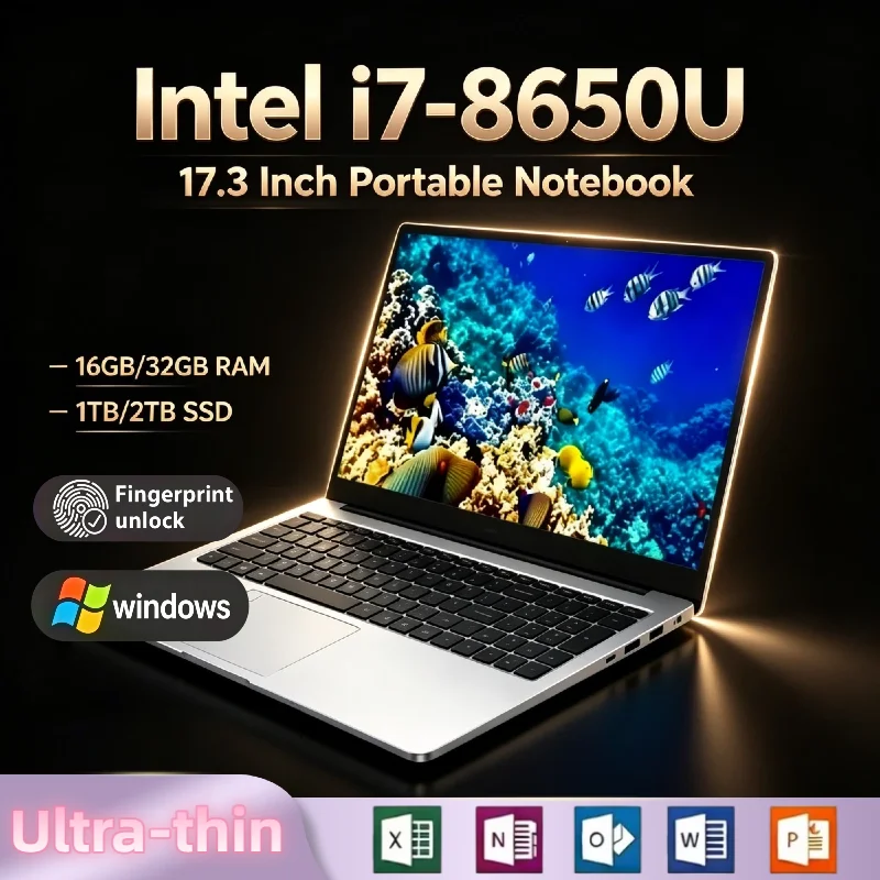 Intel Core i7 8650U 17.3 Inch Notebook 16GB RAM 2TB SSD Fingerprint Unlock Full HD Screen High Performance Work Gaming Pro Max