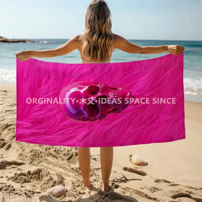 Neon Pink Skull Beach Towel Patterned Sunscreen And Windproof Suitable For Swimming Pool Camping Travel