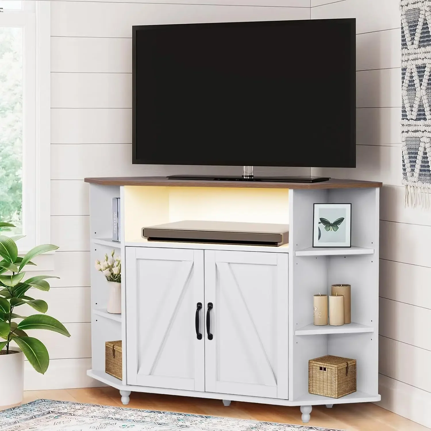 4 EVER WINNER Corner TV Stand for 55 Inch with LED Lights, Farmhouse Corner TV Cabinet with Adjustable Shelves, Corner Entertain