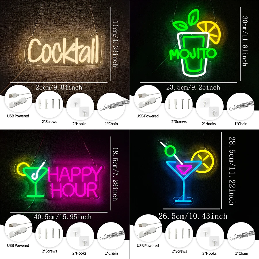 Happy Hour Led Neon Sign, Mojito Cocktail Business Wall Lamp, Used For Bar Club Family Party Man Cave Living Room Shop Decor.