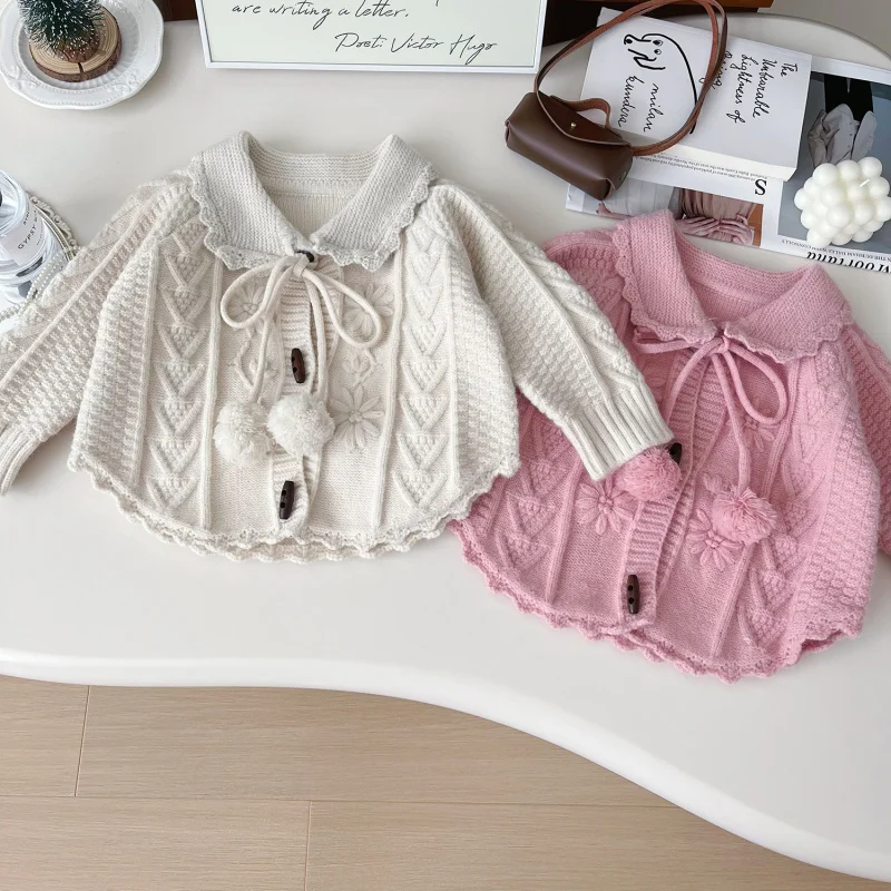 

Children's New Autumn Fashion Sweater for Girls Stylish Turn-down Collar Knitted Cardigan Long Sleeve Top Baby Coat