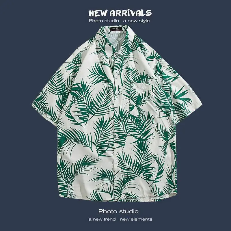 

Men Beach Sunset Tropical Print Button Down Shirt, Short Sleeve Casual Top, Summer Holiday Outdoor Daily Party Wear