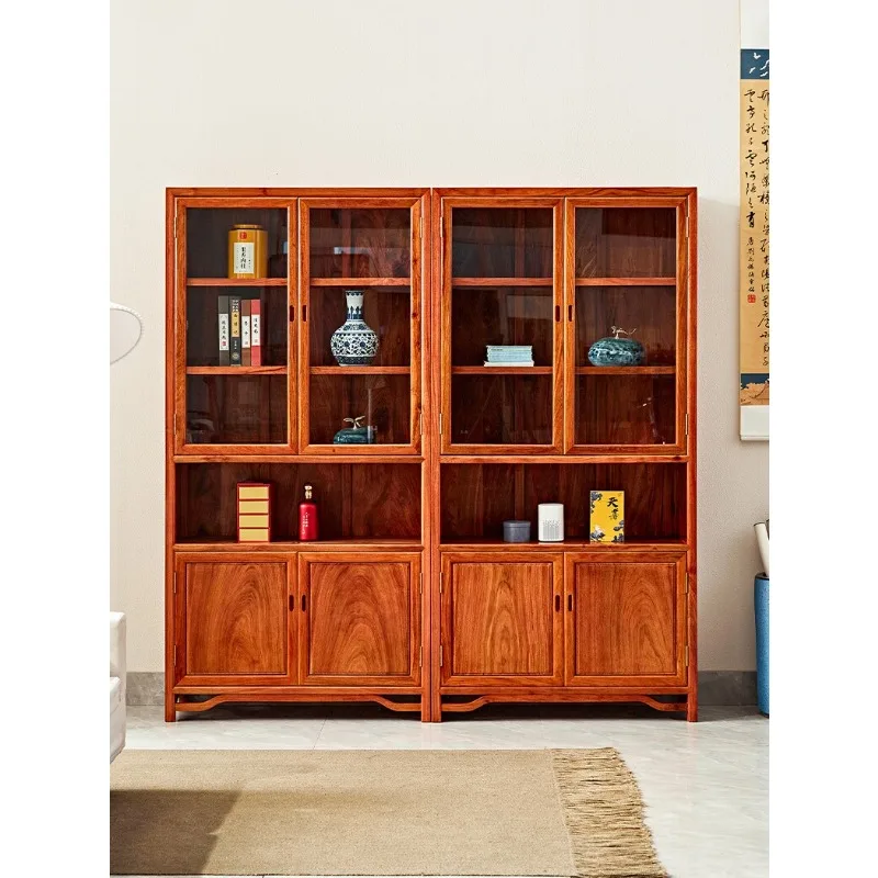 

Red sandalwood bookcase mahogany new Chinese all-solid wood with glass door cabinet household display cabinet rosewood bookcase