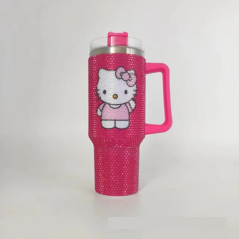 

New Diamond Flag Bow Hello Kitty Diamond Cup Stainless Steel Car 40oz Car Cup Large Capacity Thermos Cup With Handle Girls Gifts