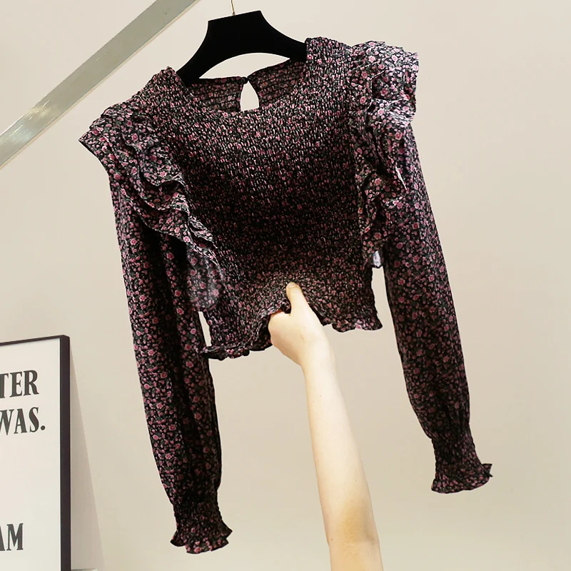 

Faionable Elastic Pleated ort Svel Floral irt Slim Fit Korean Sle round Ne Cotton Blend Busin Casual Top