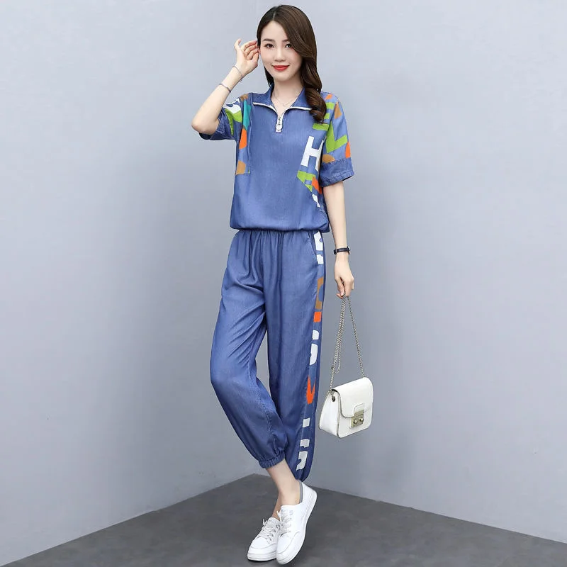 Women\'s Casual Sports Suit 2022 Spring Summer New Clothes Mercerized Denim Loose Printing Short Sleeves Tops Pants Two Piece Set