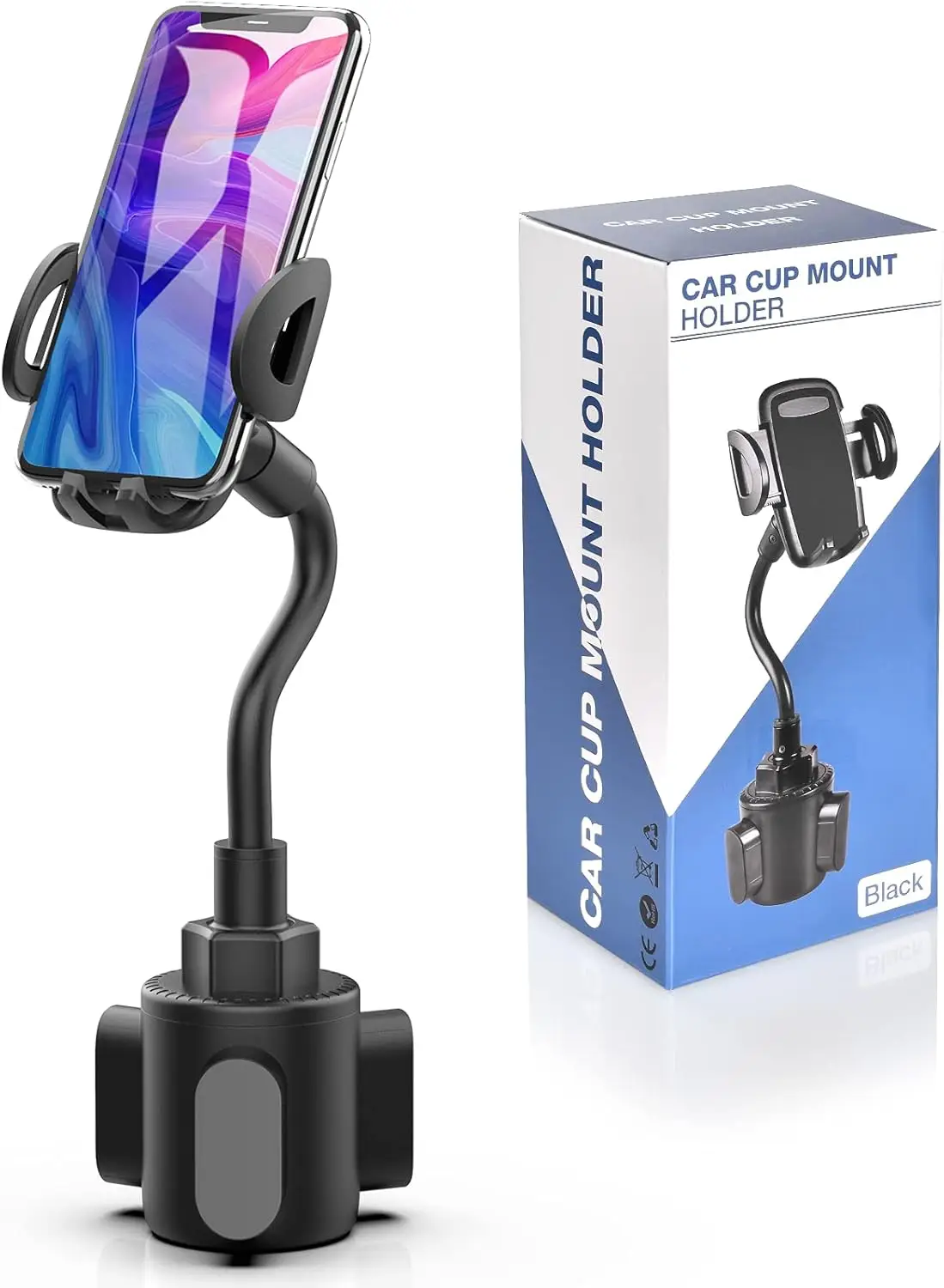 

Adjustable Gooseneck Cup Holder Phone Mount for Car – Universal Fit iPhone 16 to 8 Plus & All Android Phones (Black)