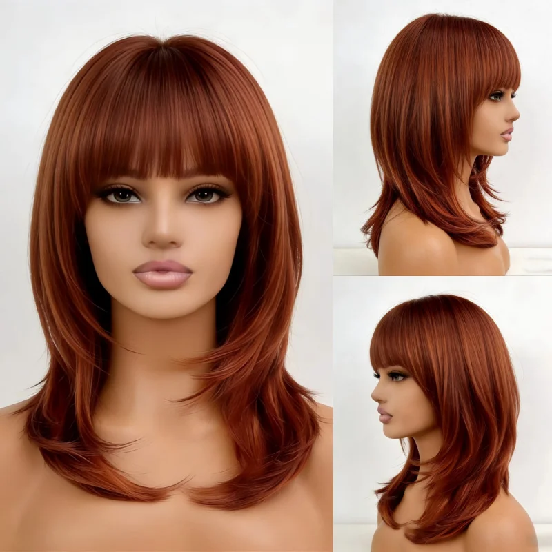 

European and American style brown gradient medium-length straight hair with bangs Lace Front Wig