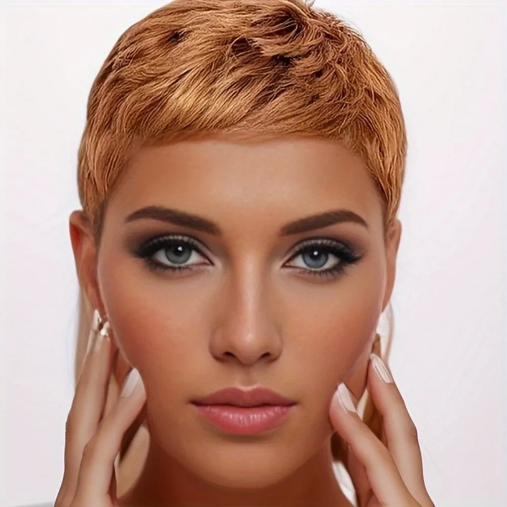 짧은 레이어드 픽시 헤어컷 앞머리가 있는 전체 기계 제작 가발 브라질 스트레이트 인모 30가지 색상(매일 사용)